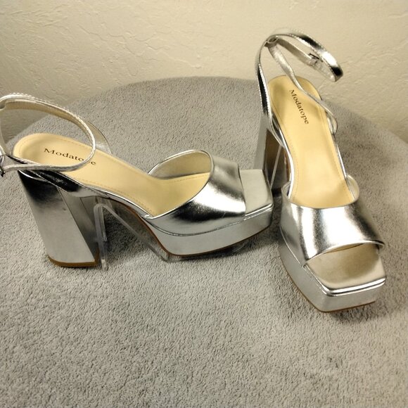 Modatope Womens Platform Sandals Silver Metallic Chunky Heels Ankle Strap Size 9 - Picture 1 of 16